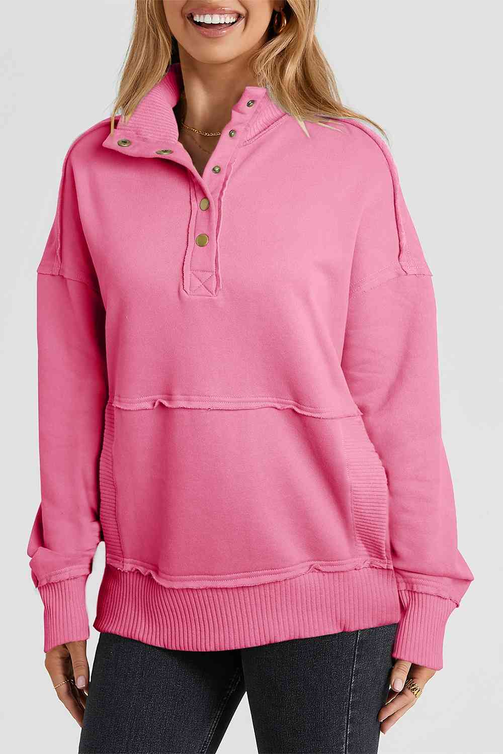 Half Snap Drop Shoulder Long Sleeve Sweatshirt Carnation Pink / S