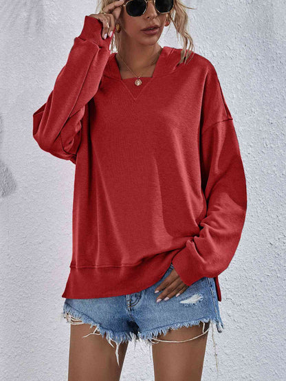 Dropped Shoulder Slit Hoodie Brick Red / S