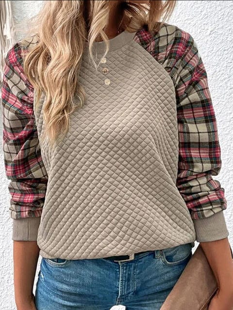 Plaid Round Neck Sweatshirt Dust Storm / S