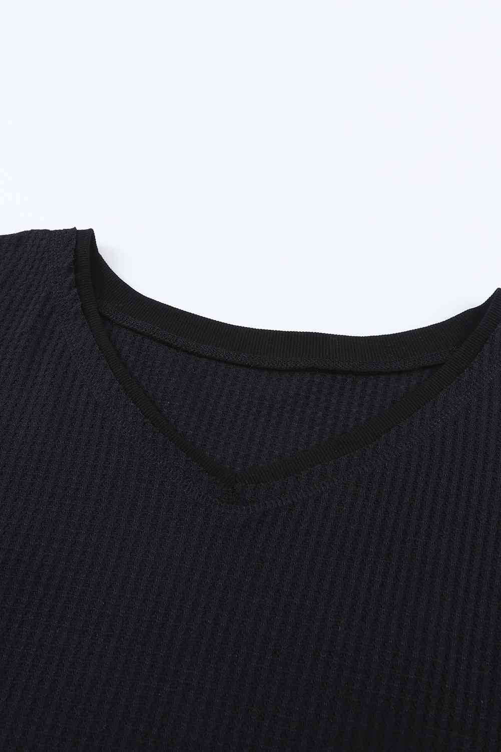 Waffle-Knit V-Neck Dropped Shoulder Top