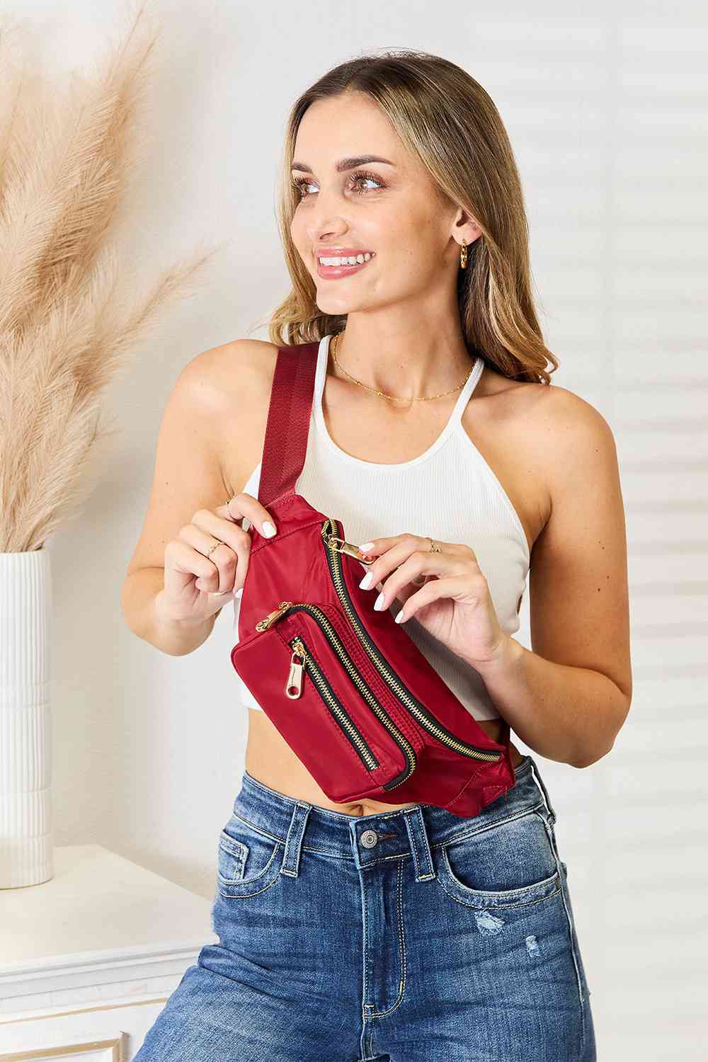 Fame Triple Pocket Nylon Fanny Pack Deep Red / One Size