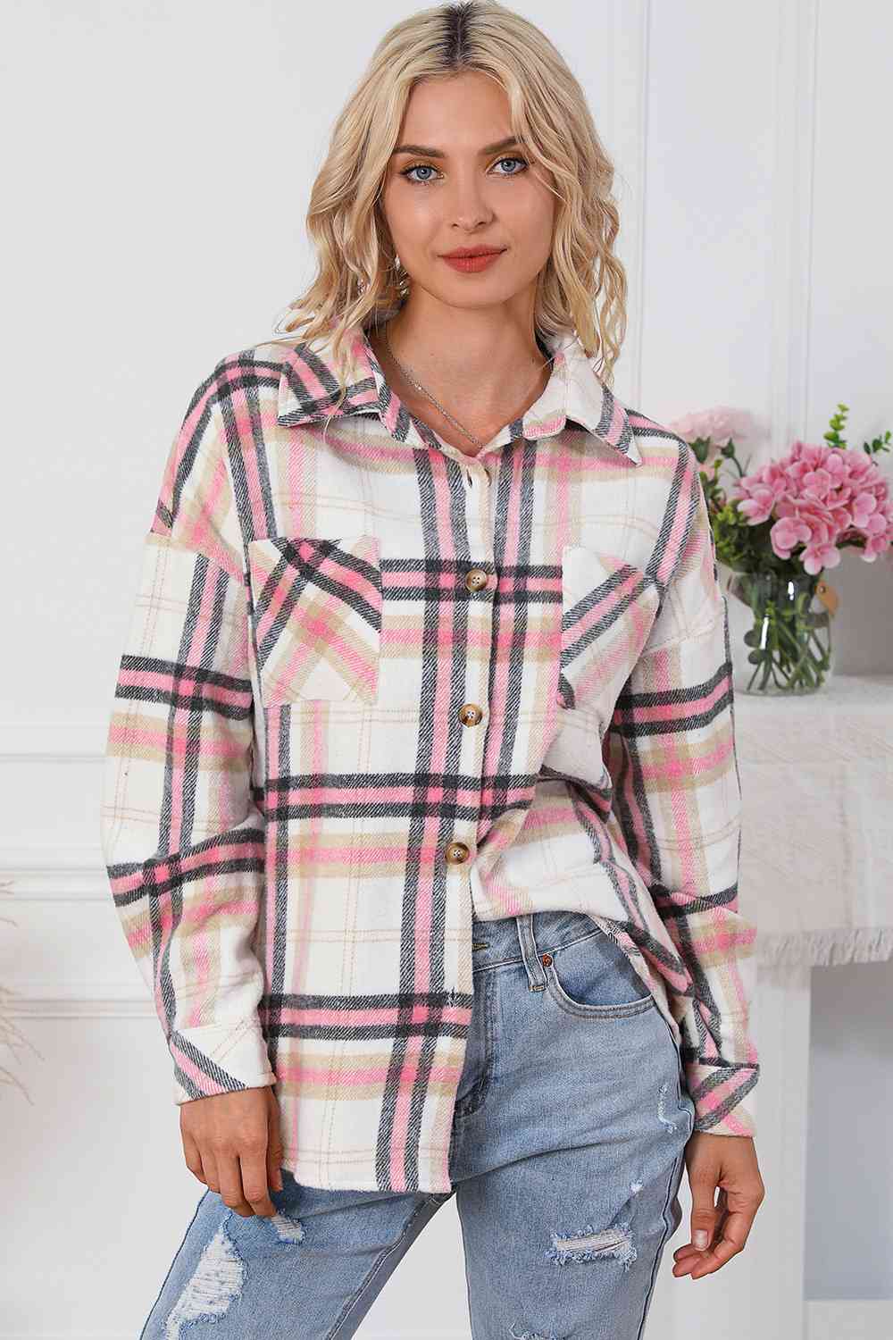 Plaid Dropped Shoulder Shirt Jacket Plaid / S