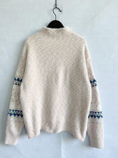 Geometric Snowflake Mock Neck Dropped Shoulder Sweater