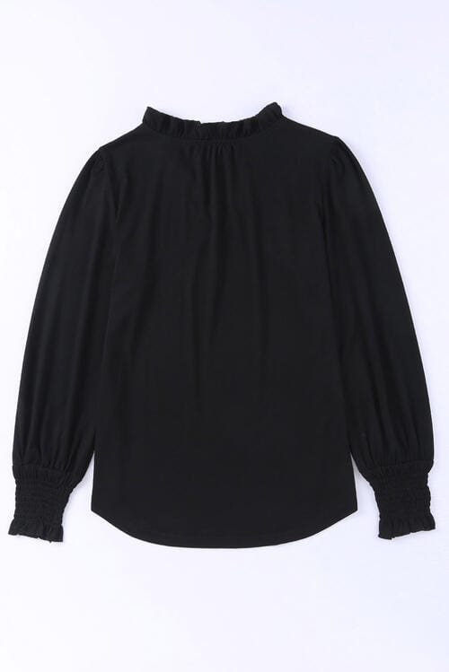 Frill Notched Neck Smocked Designed Long Sleeve Top