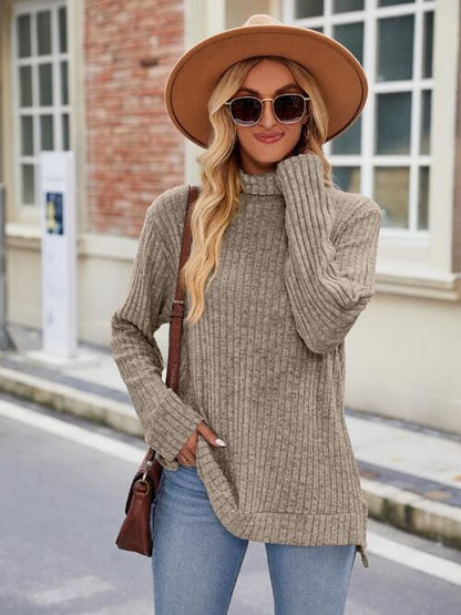 Ribbed Turtleneck Long Sleeve Slit Knit Top Khaki / S