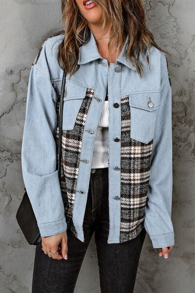 Plaid Pocketed Button Up Denim Jacket Misty  Blue / S