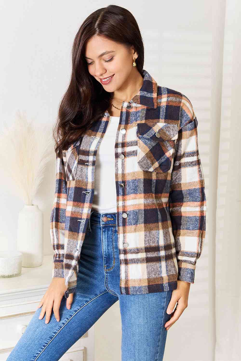 Double Take Navy Plaid Button Front Shirt Jacket with Breast Pockets