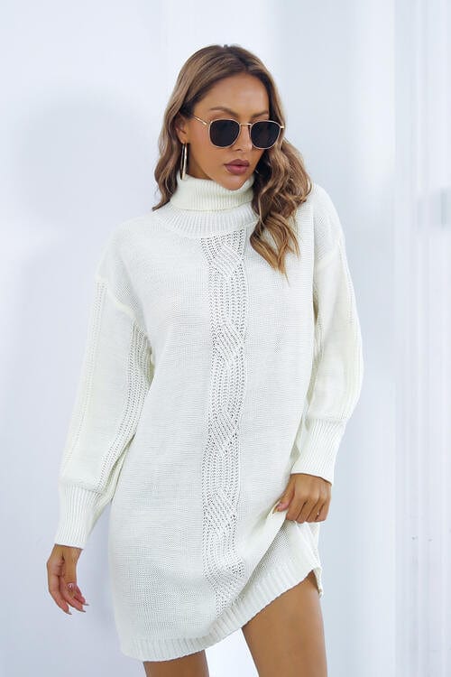 Openwork Turtleneck Long Sleeve Sweater Dress White / S