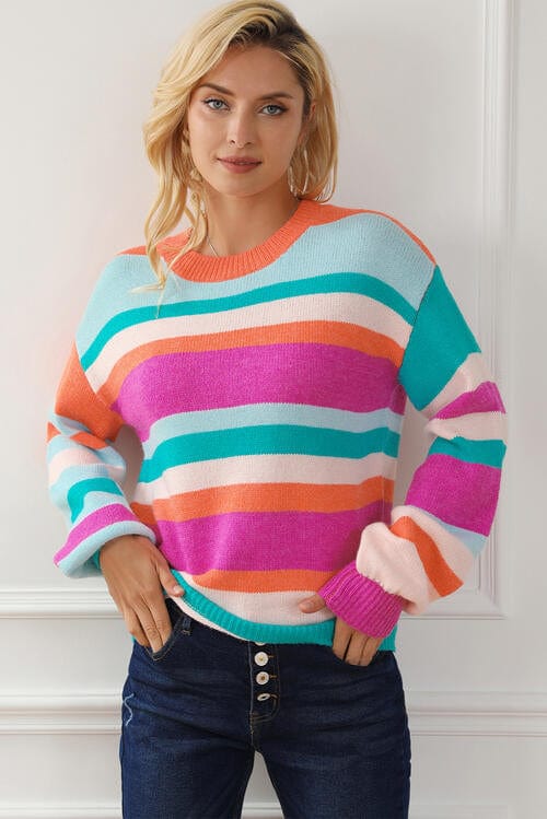 Bold Striped Round Neck Long Sleeve Knit Sweater Multicolor / S