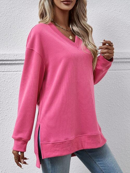 V-Neck Slit Long Sleeve Sweatshirt Hot Pink / S