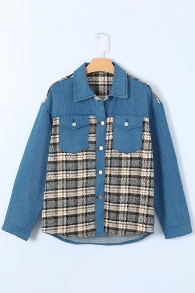 Plaid Pocketed Button Up Denim Jacket