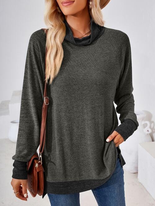 Contrast Mock Neck Long Sleeve T-Shirt