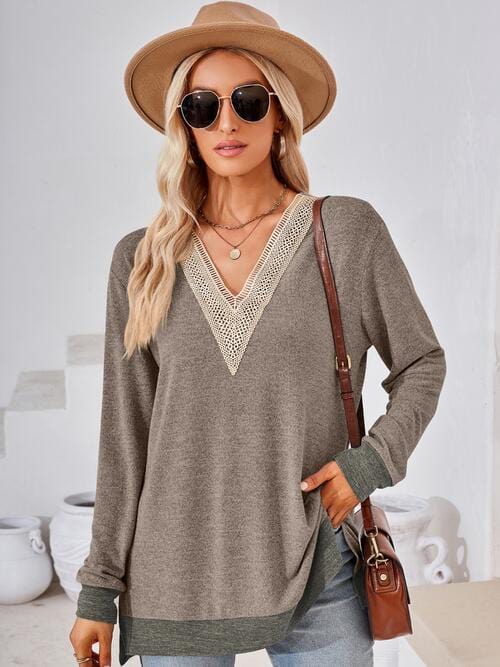 Crochet V-Neck Long Sleeve Slit Top