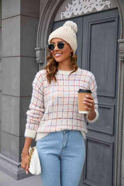 Plaid Round Neck Long Sleeve Pullover Sweater Multicolor / S