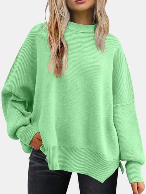 Round Neck Drop Shoulder Slit Sweater Mint Green / S