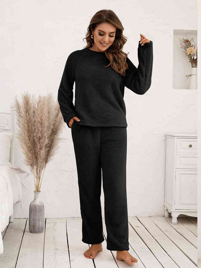 Teddy Long Sleeve Top and Pants Lounge Set Black / S