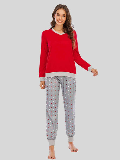 Long Sleeve Top and Polka Dot Pants Set Deep Red / S