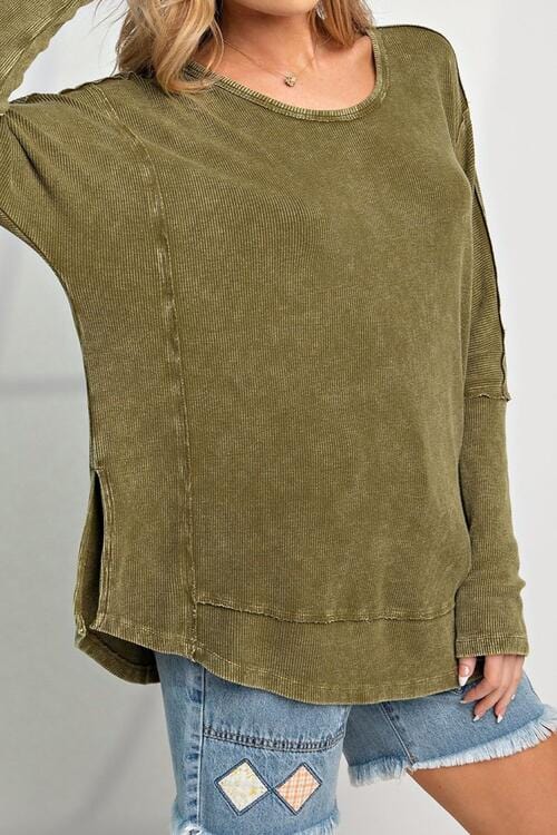 Exposed Seam Round Neck Long Sleeve Top