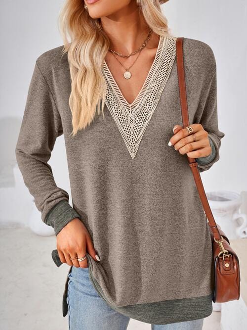 Crochet V-Neck Long Sleeve Slit Top Taupe / S