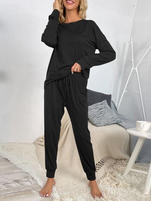 Round Neck Top and Drawstring Pants Lounge Set Black / S