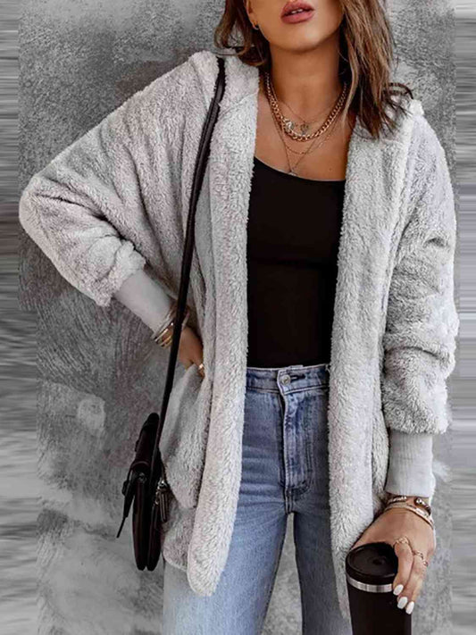 Open Front Hooded Faux Fur Outwear with Pockets Light Gray / S