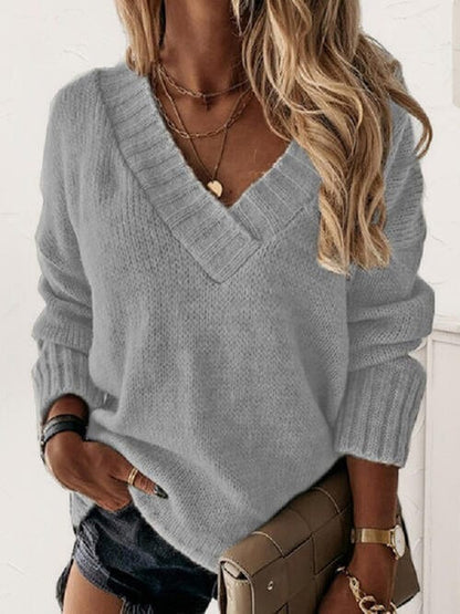 V-Neck Long Sleeve Knit Sweater Cloudy Blue / S