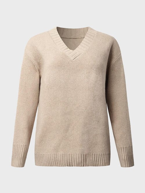 V-Neck Long Sleeve Knit Sweater Tan / S