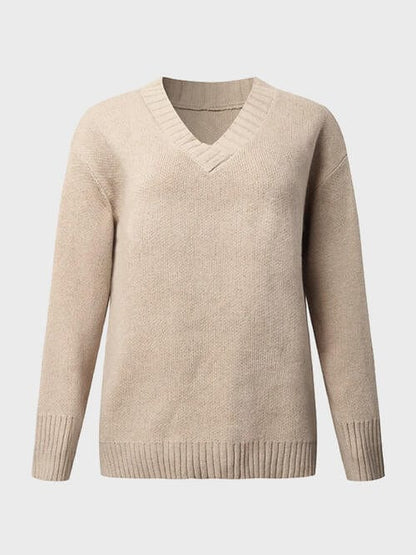 V-Neck Long Sleeve Knit Sweater Tan / S