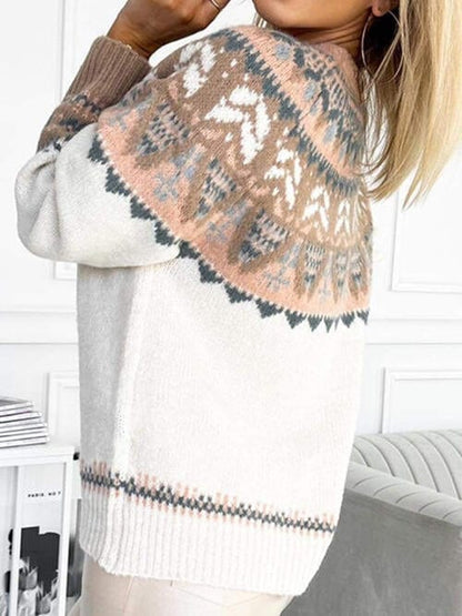 Geometric Fair Isle Round Neck Long Sleeve Sweater