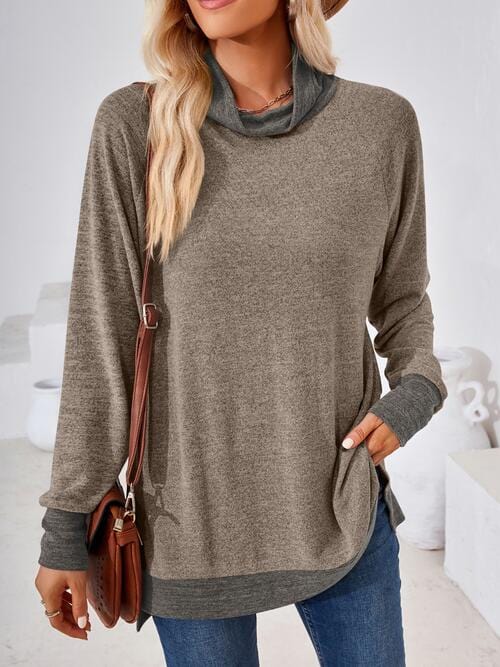 Contrast Mock Neck Long Sleeve T-Shirt Taupe / S