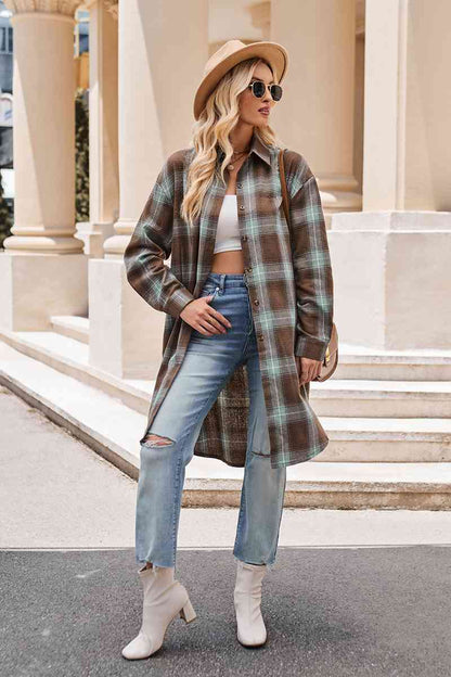 Plaid Collared Neck Long Sleeve Coat Gum Leaf / S