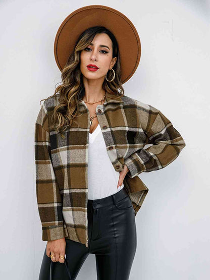 Campfire Plaid Button Up Collared Neck Jacket Coffee Brown / S