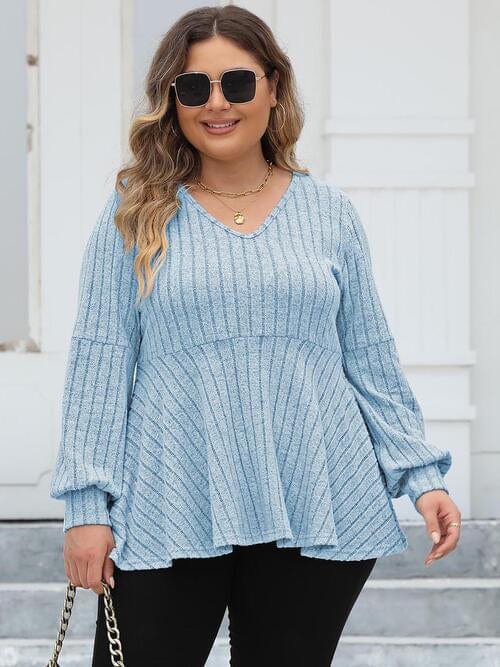 Plus Size Ribbed V-Neck Long Sleeve Blouse Pastel  Blue / L