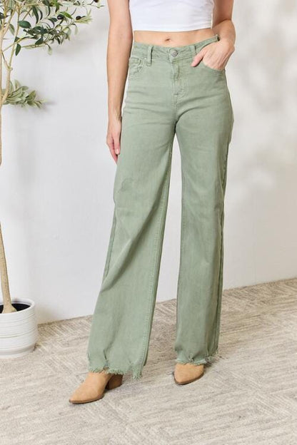 RISEN Full Size Raw Hem Wide-Leg Jeans Sage / 0