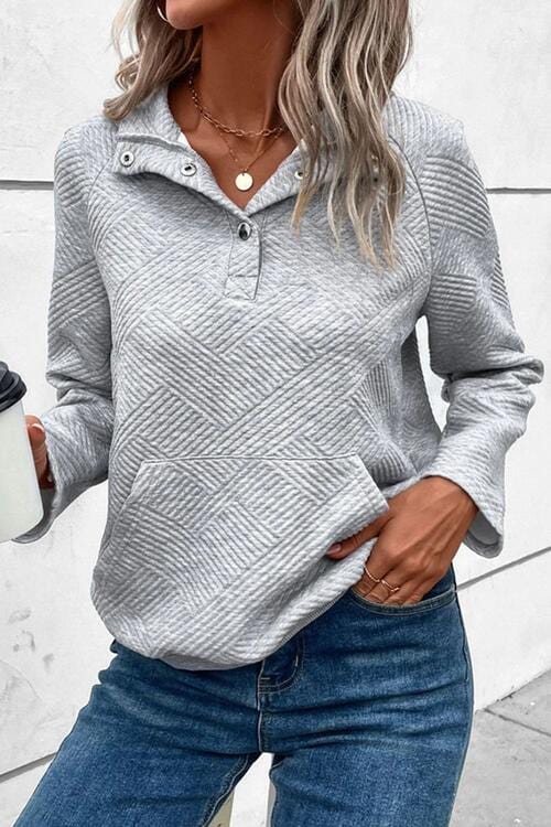 Geometric Snap Button Long Sleeve Sweatshirt Light Gray / S
