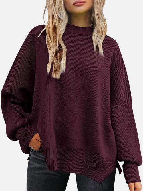 Round Neck Drop Shoulder Slit Sweater Wine / S