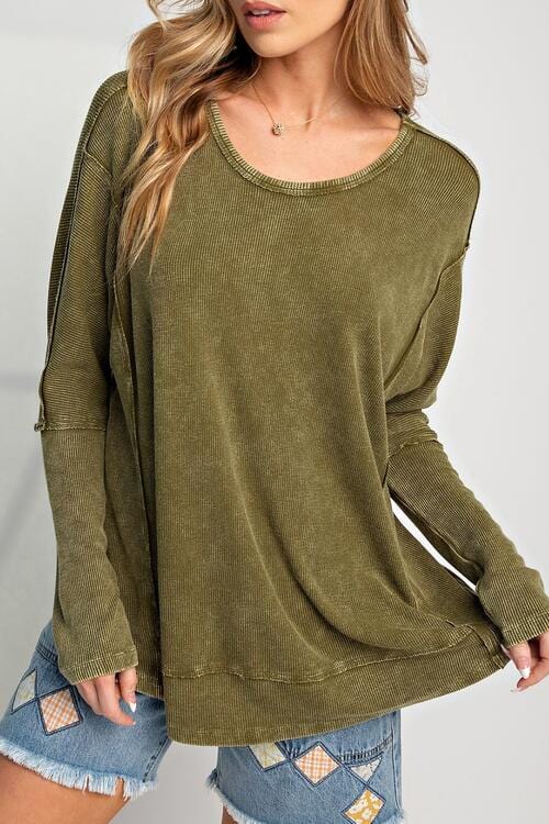 Exposed Seam Round Neck Long Sleeve Top Moss / S