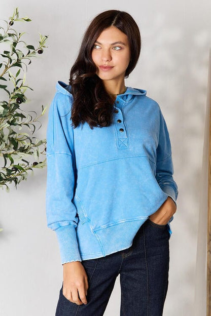 Zenana Half Snap Sky Blue Hoodie with Pockets Deep Sky / S