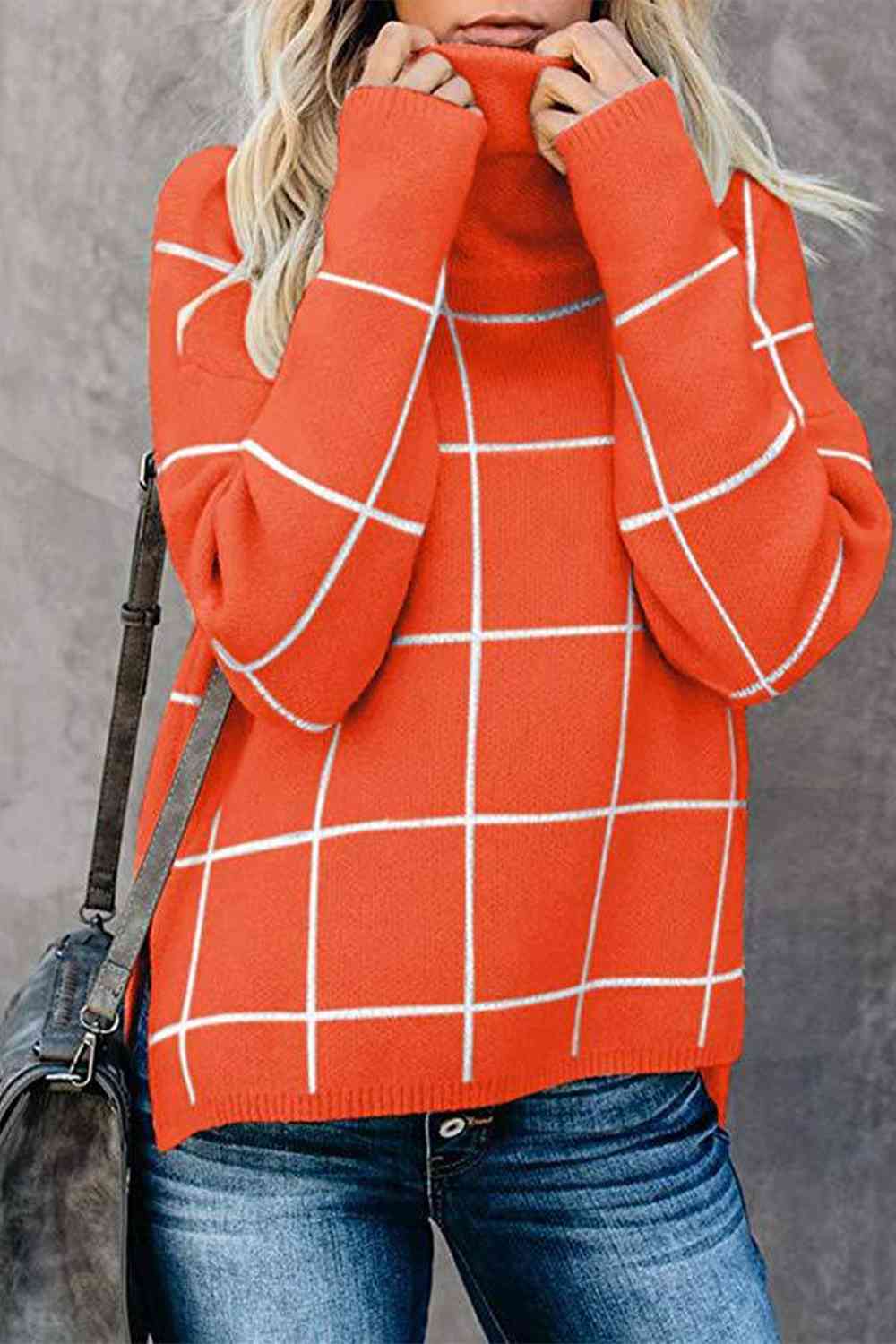 Plaid Turtleneck Drop Shoulder Sweater Pumpkin / S