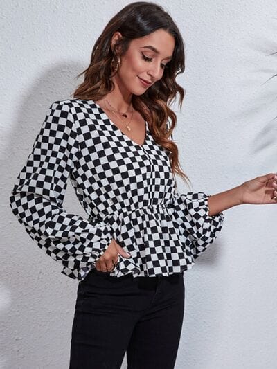 Checkered V-Neck Balloon Sleeve Peplum Blouse