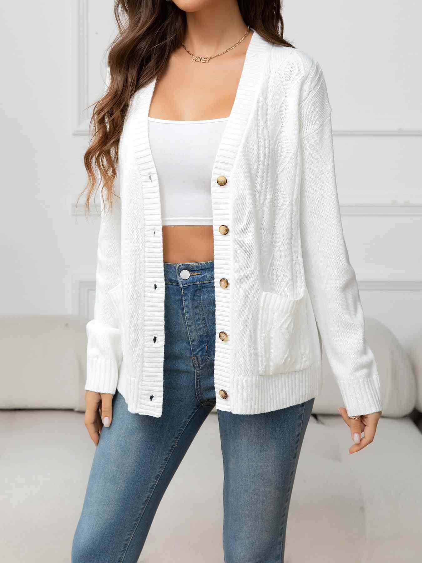 V-Neck Long Sleeve Buttoned Knit Cardigan with Pocket