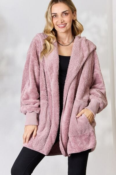 H&T Faux Fur Open Front Hooded Jacket DUSTY LILAC / One Size