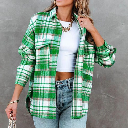 Plaid High-Low Collared Neck Jacket with Pockets Mid Green / S
