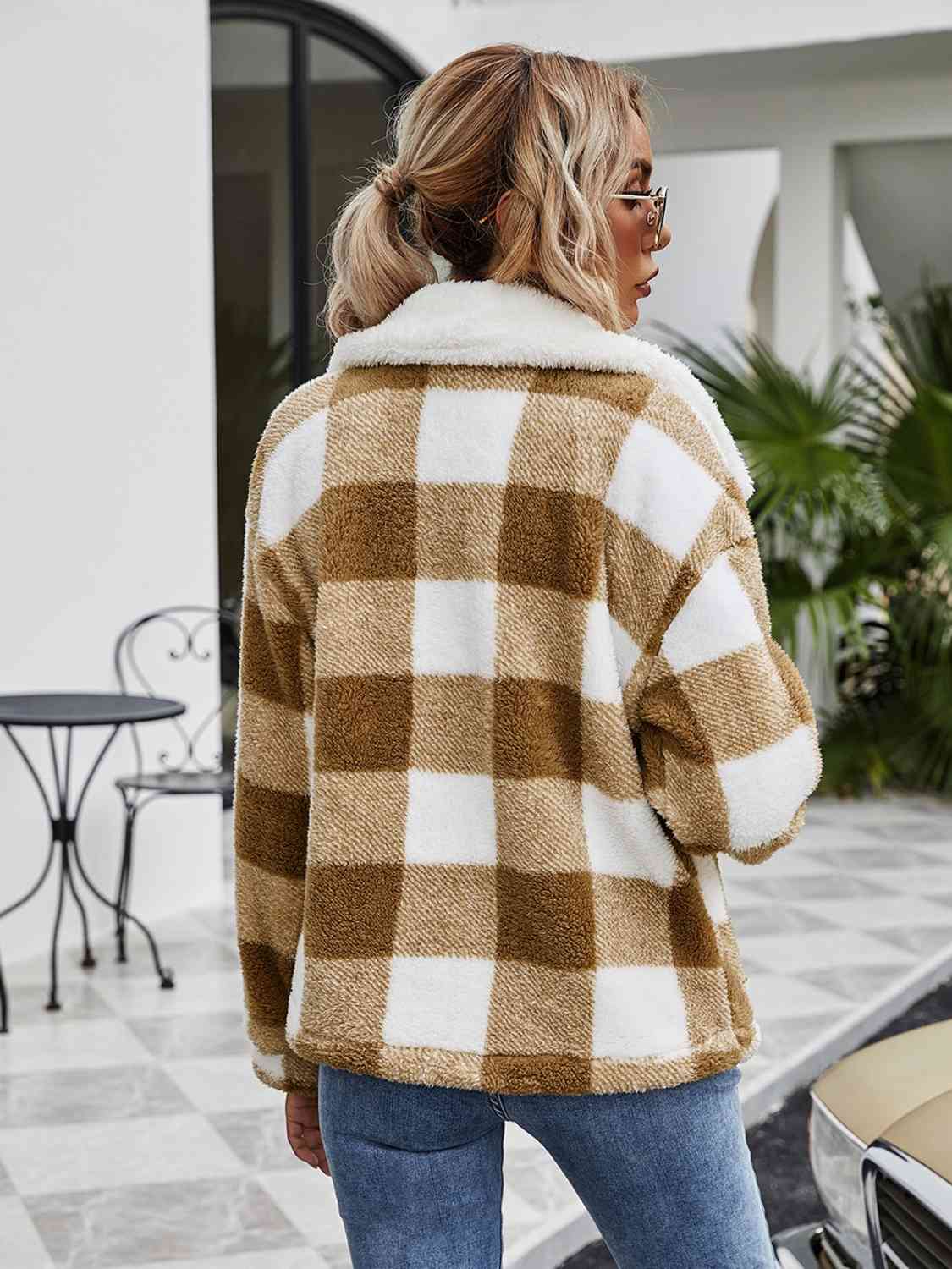 Fuzzy Plaid Zip-Up Collared Jacket