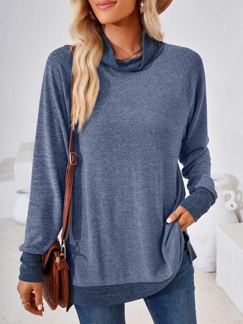 Contrast Mock Neck Long Sleeve T-Shirt Dusty  Blue / S