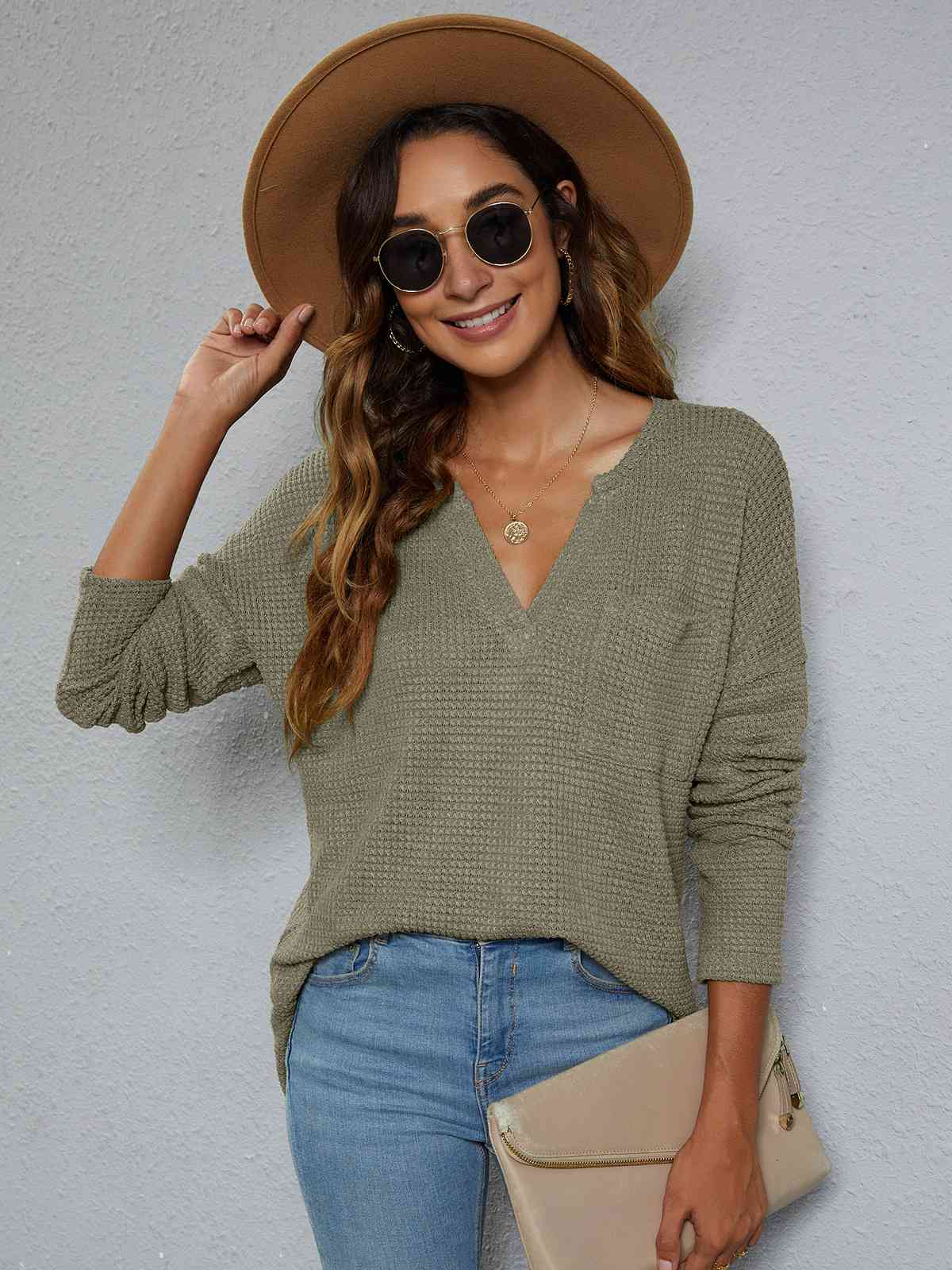 Dropped Shoulder High-Low Waffle-Knit Top Sage / S