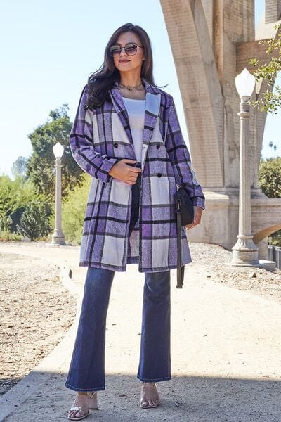 Double Take Full Size Plaid Button Up Lapel Collar Coat Violet / S