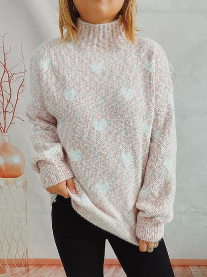 Heart Heathered Turtleneck Drop Shoulder Sweater Blush Pink / One Size