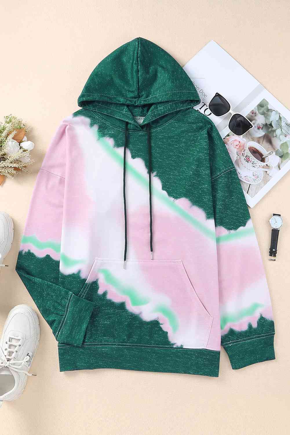 Plus Size Bleached Look Hoodie with Front Pocket Green / 1XL