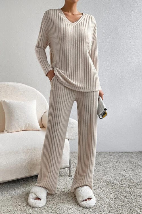 Ribbed V-Neck Top and Pants Set Dust Storm / S